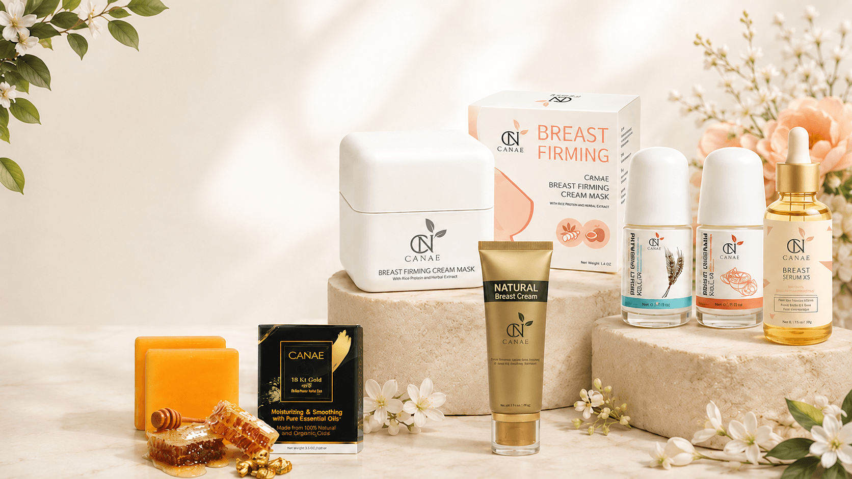 The CANAE Thai herbal skincare collection arranged on an ivory stone backdrop with fresh botanicals, honey, and gold accents