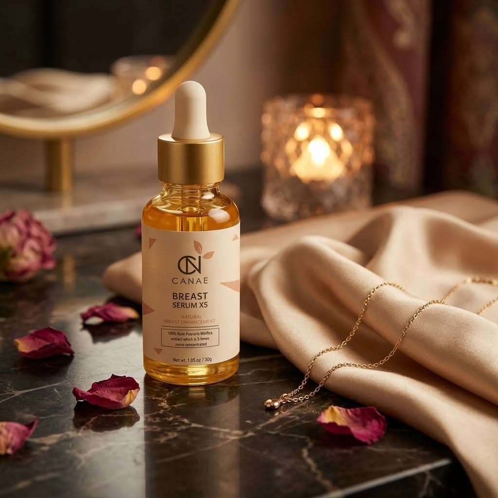 CANAE Breast Serum X5 bottle on a marble vanity with rose petals and soft candlelight