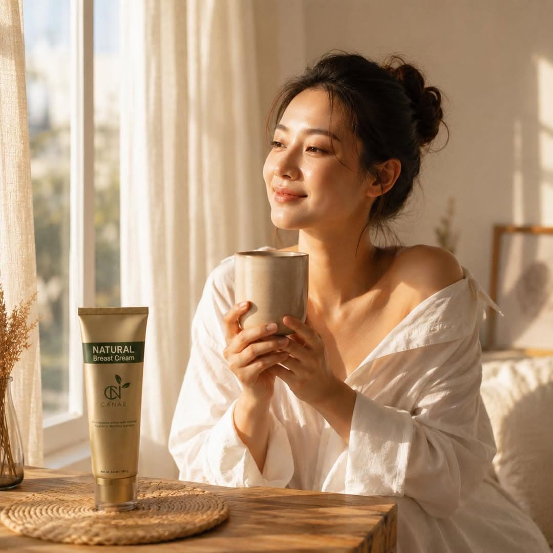 CANAE Natural Breast Cream beside a woman holding a cup in warm window light