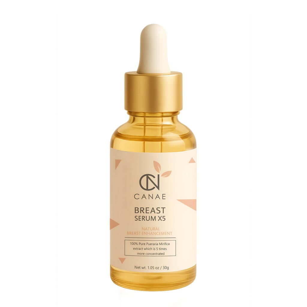 CANAE Breast Serum X5 amber glass dropper bottle with gold cap on a cream background