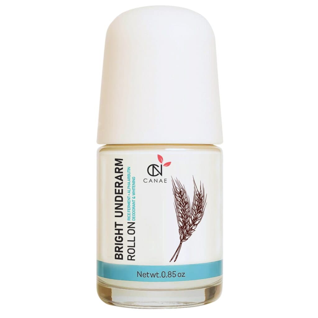 CANAE Bright Underarm Roll-On Rice bottle with a rice sprig illustration on the label